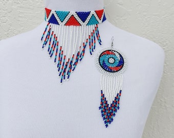 Beaded Zulu Jewelry set. Earrings, tassel choker and beaded glove