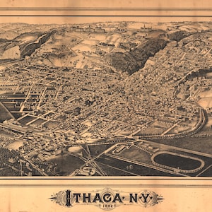 1882 Ithaca, New York Perspektive Map Print Wandkunst - Historische Vogelperspektive