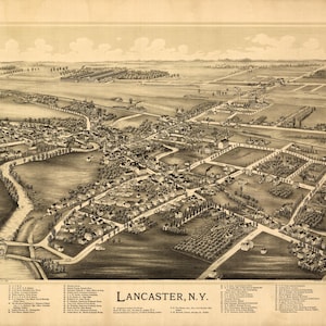 Historische Landkarte von 1892 Lancaster, New York aus Perspektive - Vintage-Kunstdruck aus der Vogelperspektive