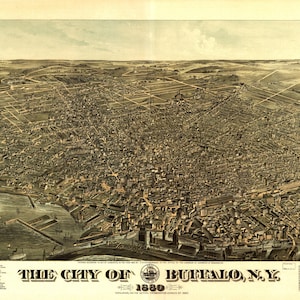 Historische 1880 Buffalo, New York Perspektive Karte - Vintage Vogelperspektive Druck