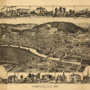 1882 Corning, New York Perspektive Karte Print - Historische Vogelperspektive