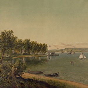 Impresión de mapa antiguo del embarcadero de barcos del lago Chautauqua de 1878 en Miller Park
