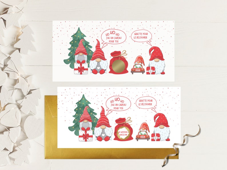 Carte Cadeau Noël à Gratter/ Carte Cadeau Gnomes personnalisée / Carte cadeau Surprise / Cadeau Noël Original / Carte de Noël image 1