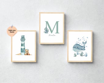 Set of 3 Children&#39;s Sea Posters / Personalized A4 Posters / Bedroom Decoration / Birth Gift / Baby Shower