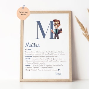 Peut inclure: Une affiche imprimable avec une lettre M bleue et une illustration de dessin animé d'un homme portant des lunettes et tenant un livre. L'affiche définit le mot "Maître" comme un homme qui est un expert dans l'art de capter l'attention, de s'adapter et de résoudre des problèmes. L'affiche comprend également des synonymes, des adjectifs, une citation et un message personnel.