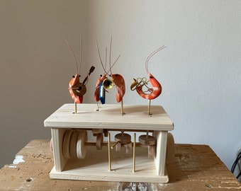 shrimp orchestra, wooden automaton