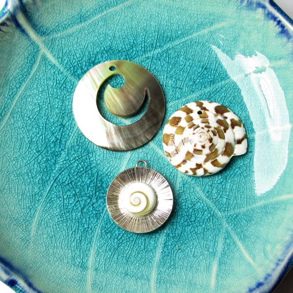 Shell Pendants, Black Lip Shell with Carved Swirl, Mocha Brown Swirl, Operculum Swirl in Sterling Silver, Top Drilled/Loop, Natural Shells