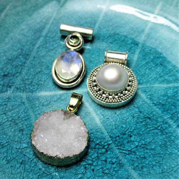 Moonstone and Peridot, Mabe Pearl, Druzy, Pendants, Sterling Silver, Gold, White, Neutral, Cultured Pearl, Natural Stones