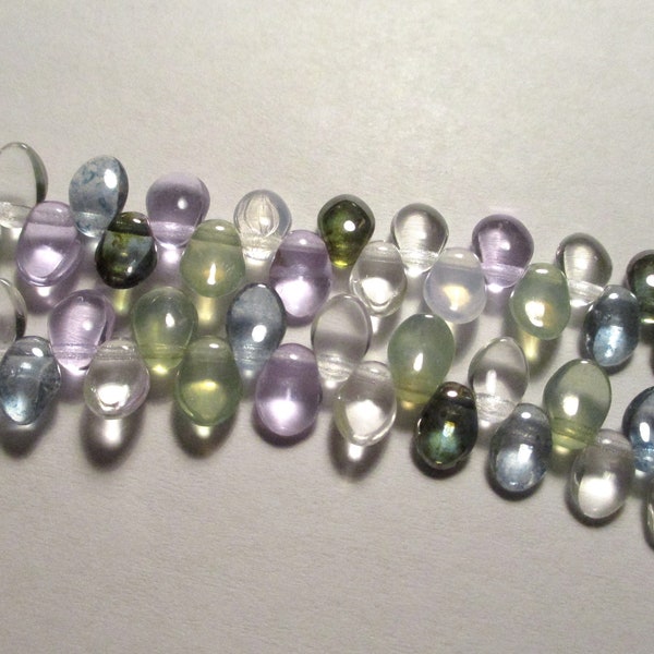 Teardrops, 7" Strand/Appx 42 Pcs, 8x6mm, Partial loose, Small, Lavender, Clear, Green, Blue, Mixed, Complimentary Colors