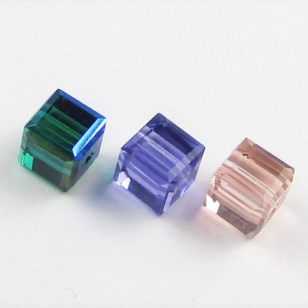 4 Pieces/Pk, 4mm Swarovski 5601 Faceted Cube, 3 Colors, Emerald Green AB, Tanzanite, Lt Peach