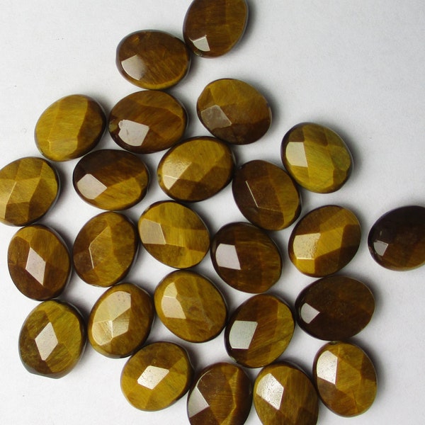 Tigers Eye, 26 Pcs, Oval, Flat, Puffy, Faceted, Drilled, 10x8.5mm, See photos for size, Amber Colored, Brown, Gold, Natural Gemstones