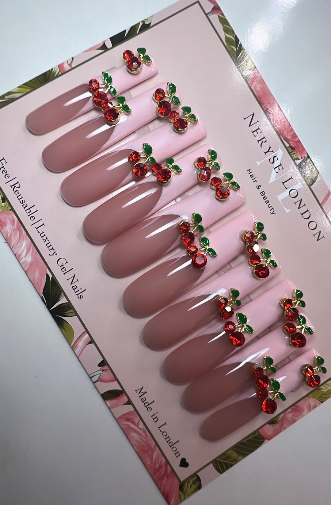 Xxl Long Cherry Charm Pink French Tips Nail Extendo Press on Nails XS S