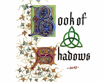 May include: A decorative title page for a book of shadows, featuring a blue and gold "B" with ivy vines, a green triquetra symbol, and the text "Book of Shadows - 1693".