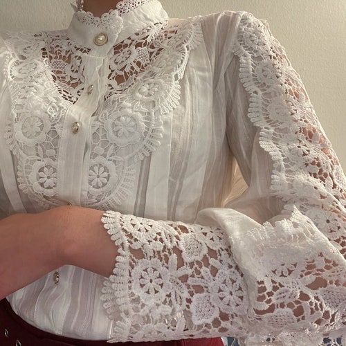 Vintage 80-90ss White Trachten Style Blouse With Crochet Lace - Etsy