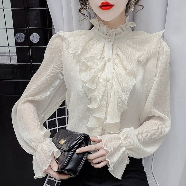 White Ruffle Blouse Etsy