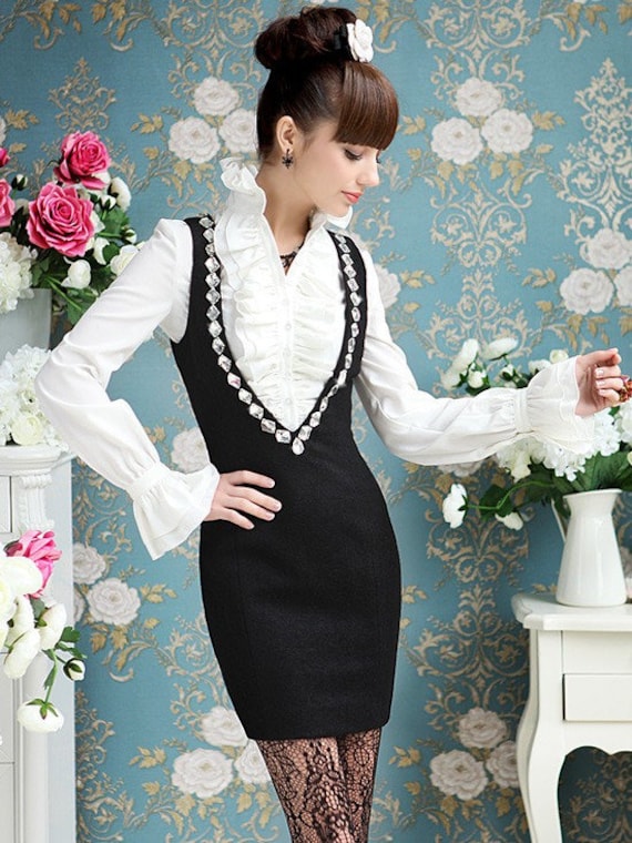 Victorian Vintage Ruffle Frilly Blouse Black White Etsy Canada