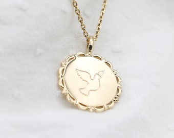 Dove Modern Baptism Medal Necklace - Gold Plated - Personalized