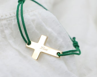 Personalized Flat Cross Cord Bracelet - Gold Plated