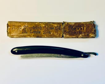 Navaja de afeitar recta antigua de hoja extra hueca de St. Louis, Missouri, con caja.