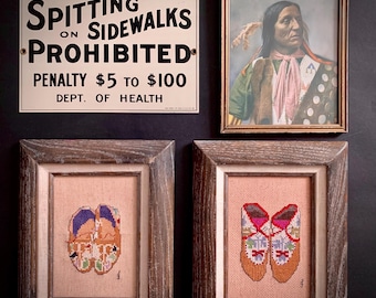 Vintage Signed Framed Pairing of Needlepoint Moccasins