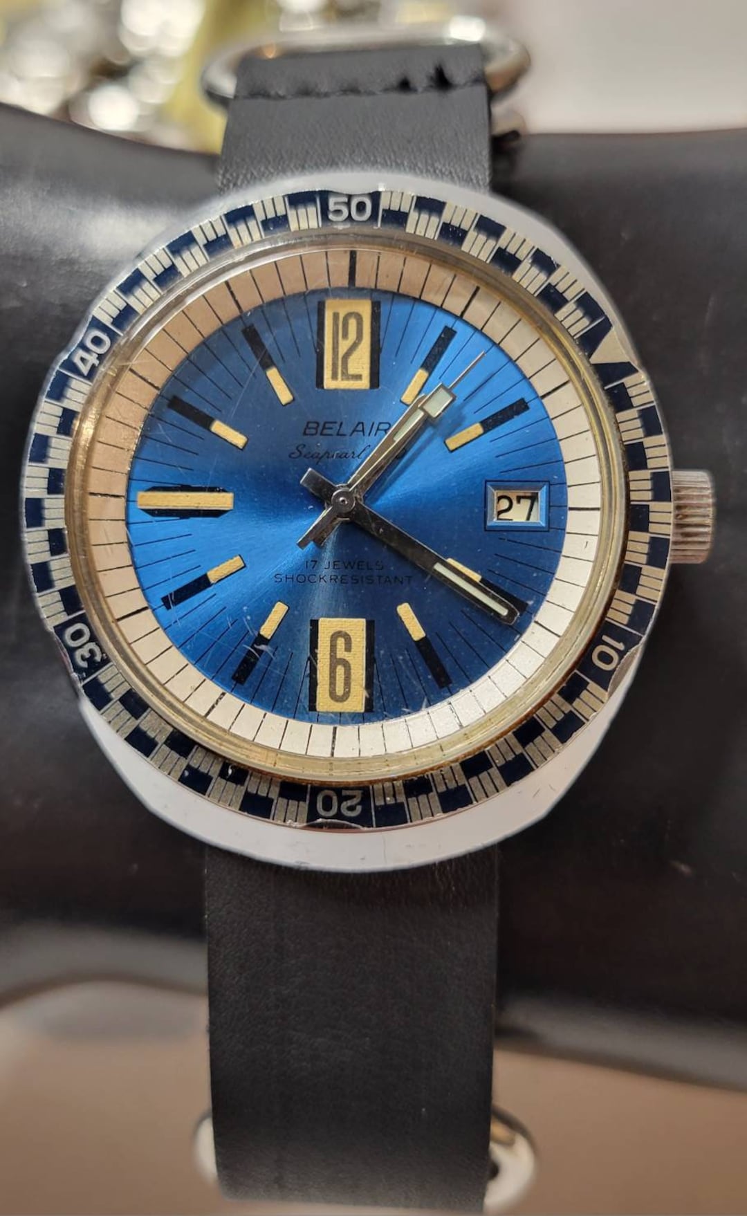 Rare BELAIR Seapearl 600 Model 1550 Blue Dial 17 Jewels Automatic