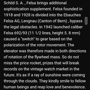 May include: A close-up of a text excerpt about the history of the Felsa 692/93 caliber watch movement. The text describes the movement's development, features, and significance in the watchmaking industry.