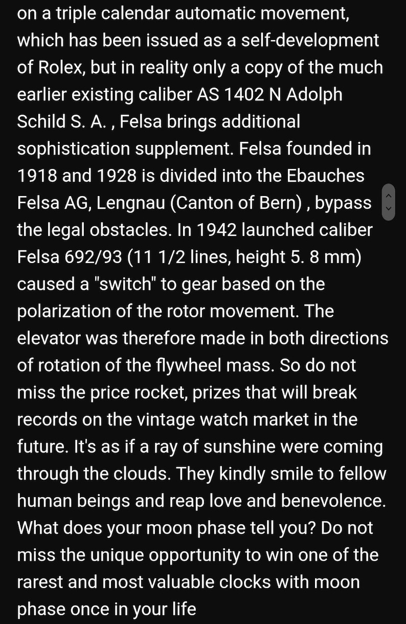 May include: A close-up of a text excerpt about the history of the Felsa 692/93 caliber watch movement. The text describes the movement's development, features, and significance in the watchmaking industry.