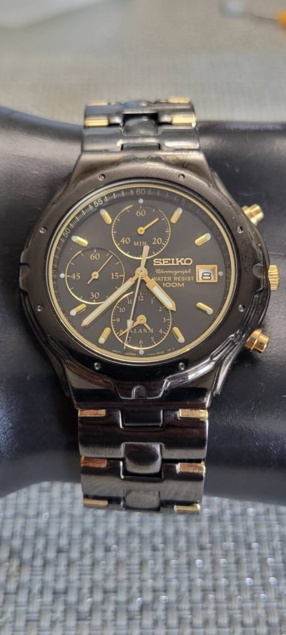 Vintage Seiko Chronograph Alarm 100m Black Chrome/gold Quartz - Etsy