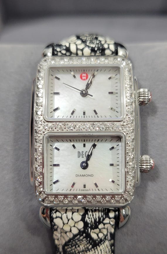 Michele Milou Diamond  Watch with Black and White Patterned Strap Michele | Accessories | Michele Art Deco Diamond Watch Set  main image 2