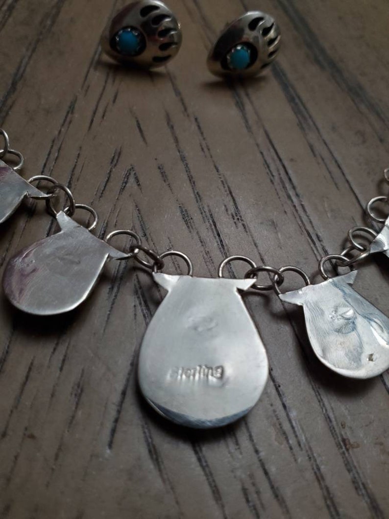 Navajo Vintage Turquoise Bear Paw Sterling Silver Necklace and Earrings ...