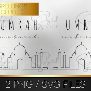 Puede incluir: Dos diseños de arte de línea en blanco y negro de una mezquita con el texto "UMRAH mubarak" y "UMRA mubarak". Los diseños son para descarga digital e incluyen dos archivos PNG y dos archivos SVG.