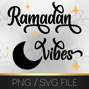 May include: Black and white digital design featuring the text "Ramadan Vibes" with a crescent moon and stars.