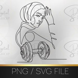 May include: Line art illustration of a woman wearing a headscarf lifting a dumbbell. The woman is drawn in a single line, and the dumbbell is also drawn in a single line.