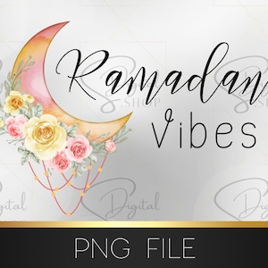 May include: A digital illustration of a crescent moon with watercolor washes in pink and yellow. The moon is adorned with a floral garland of pink and yellow roses and green leaves. The text "Ramadan Vibes" is written in black cursive script.