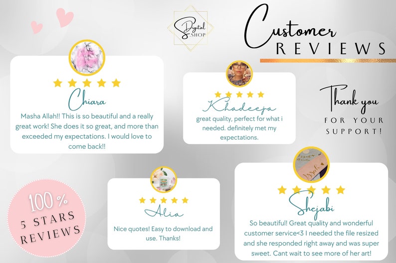 May include: A collage of customer reviews with five-star ratings and positive comments about the quality of the digital products. The reviews include text such as "Masha Allah!! This is so beautiful and a really great work!" and "So beautifull Great quality and wonderful customer service".