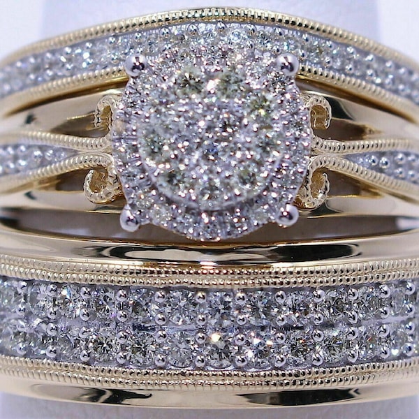 His Her 14K Yellow Gold Finish Silver Round Wedding Band Bridal Simulated Diamond Ring Trio Set