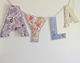 Handmade Fabric Name Banner • Custom Floral Nursery Decor • Personalised Kids Room Sign • Baby Shower Gift • Bedroom Wall Banner