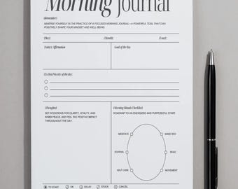 May include: A printable A4 size morning journal with a checklist for a focused morning routine. The journal includes sections for today's affirmation, goal of the day, to-do priorities, and thoughts. The checklist includes activities like meditate, journal, self-care, read, and movement. The journal is designed to help you start your day with intention and purpose.