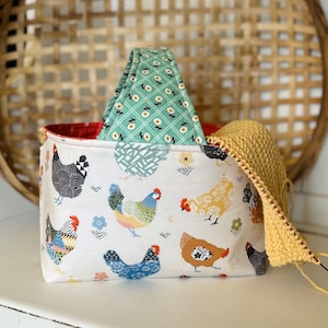 Chicken Basket, Basket Project Bag, Fabric Basket Bag, Farmhouse Project Bag, Knitting Project Basket, Knitting Bag, Crochet Bag, Basket