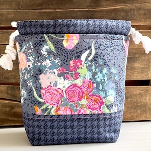Navy Floral Project Bag, Knitting Project Bag, Drawstring Bag, Gift for Knitter, Project Bag, Knitting Accessory, Fall Project Bag,