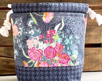 Navy Floral Project Bag, Knitting Project Bag, Drawstring Bag, Gift for Knitter, Project Bag, Knitting Accessory, Fall Project Bag,
