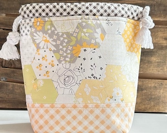 Faux Quilt Project Bag, Yellow Project Bag, Knitting Project Bag, Knitting Bag, Drawstring Project Bag, Sock Knitting, Knitter Gift