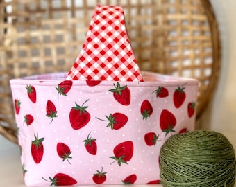 Strawberry Basket, Basket Project Bag, Fabric Basket Bag, Farmhouse Project Bag, Knitting Project Basket, Knitting Bag, Crochet Bag, Basket