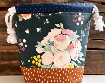 Small Sock Knitting Bag, Floral Project Bag, Hunter Green Floral Bag, Drawstring Project Bag, Hidden Cottage Riley Blake