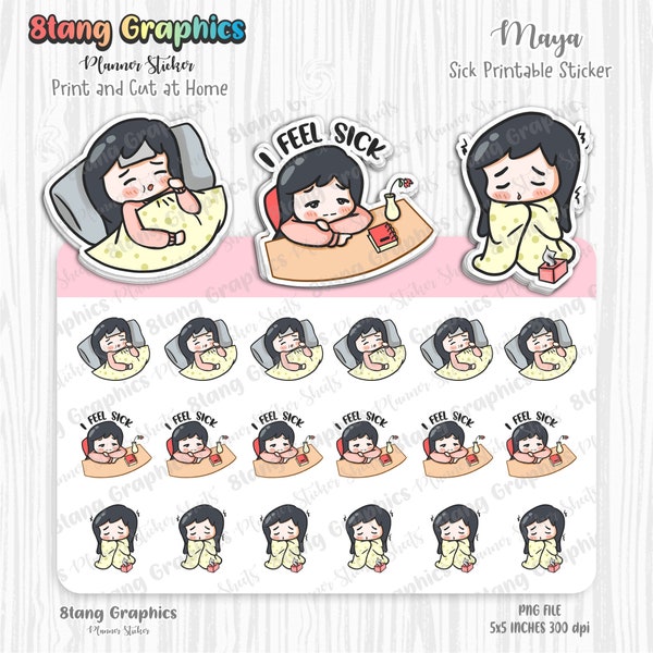 Maya sick day sticker, feeling sick sticker, digital, imprimible, lindo sticker, kawaii sticker, character sticker