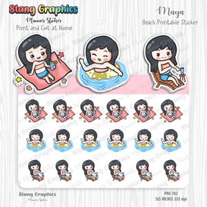 Beach sticker set for planner, beach digital sticker, character sticker