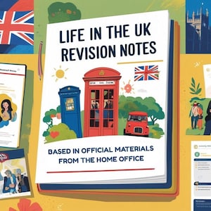 Op de afbeelding: Kleurrijke illustratie van een boek getiteld "Life in the UK Revision Notes". De afbeelding bevat een rode telefooncel, een blauwe politiebox en een rode auto, met de Union Jack-vlag en andere documenten.