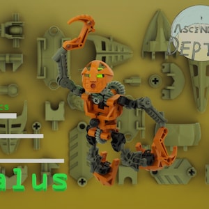 Op de afbeelding: Een oranje en grijze actiefiguur, geassembleerd en omringd door zijn gedemonteerde onderdelen. De figuur heeft een klauwachtige hand en een gedetailleerd hoofd. Het woord "Talus" staat in het groen onderaan. De achtergrond is lichtgeel.