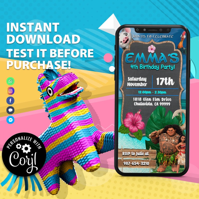 Moana Birthday Invitation Mobile Instant Invitation Digital Invite Text SMS Invitation Editable Evite Download Template Corjl