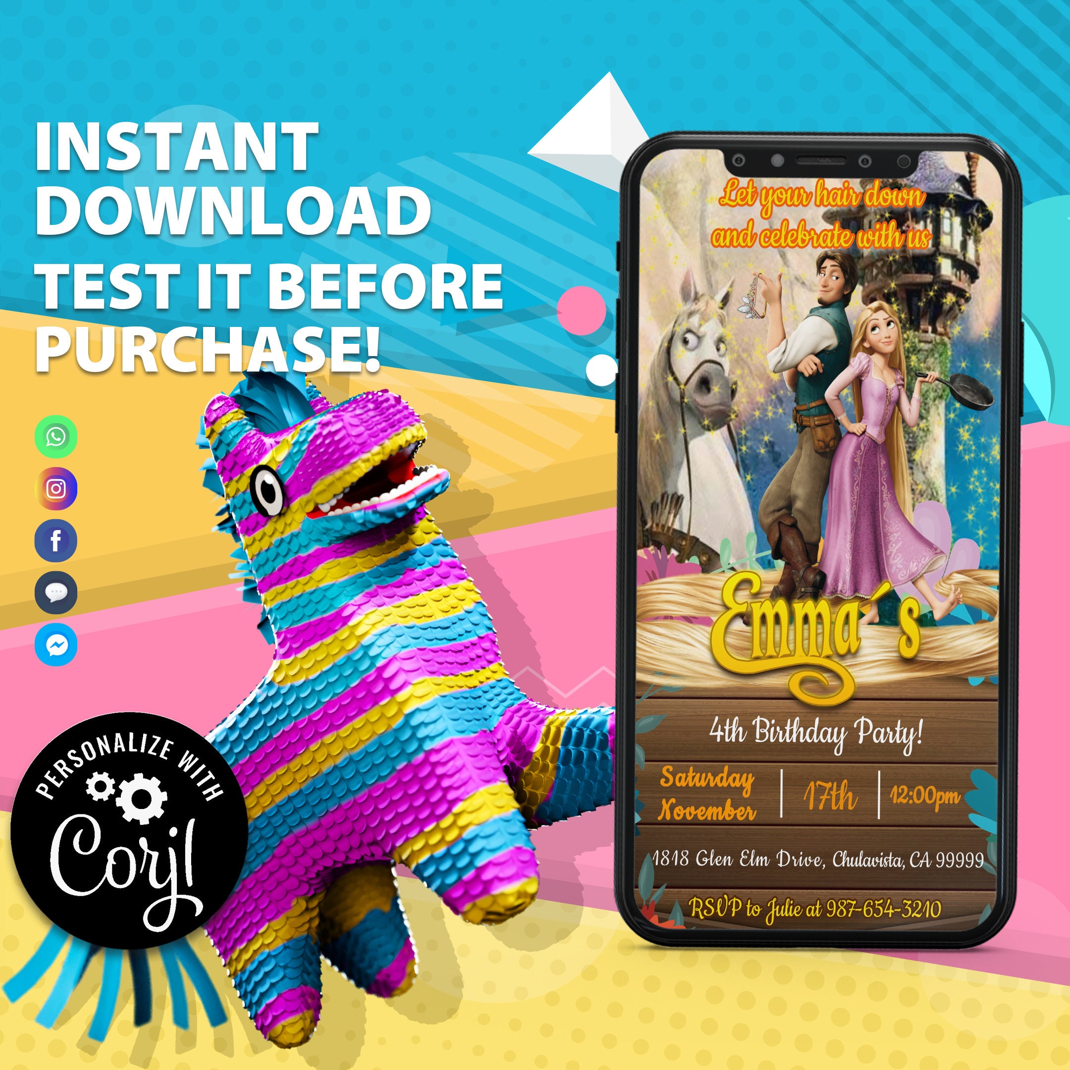 Tangled Rapunzel Birthday Invitation Mobile Instant Invitation Digital Invite Text SMS Invitation Editable Evite Download